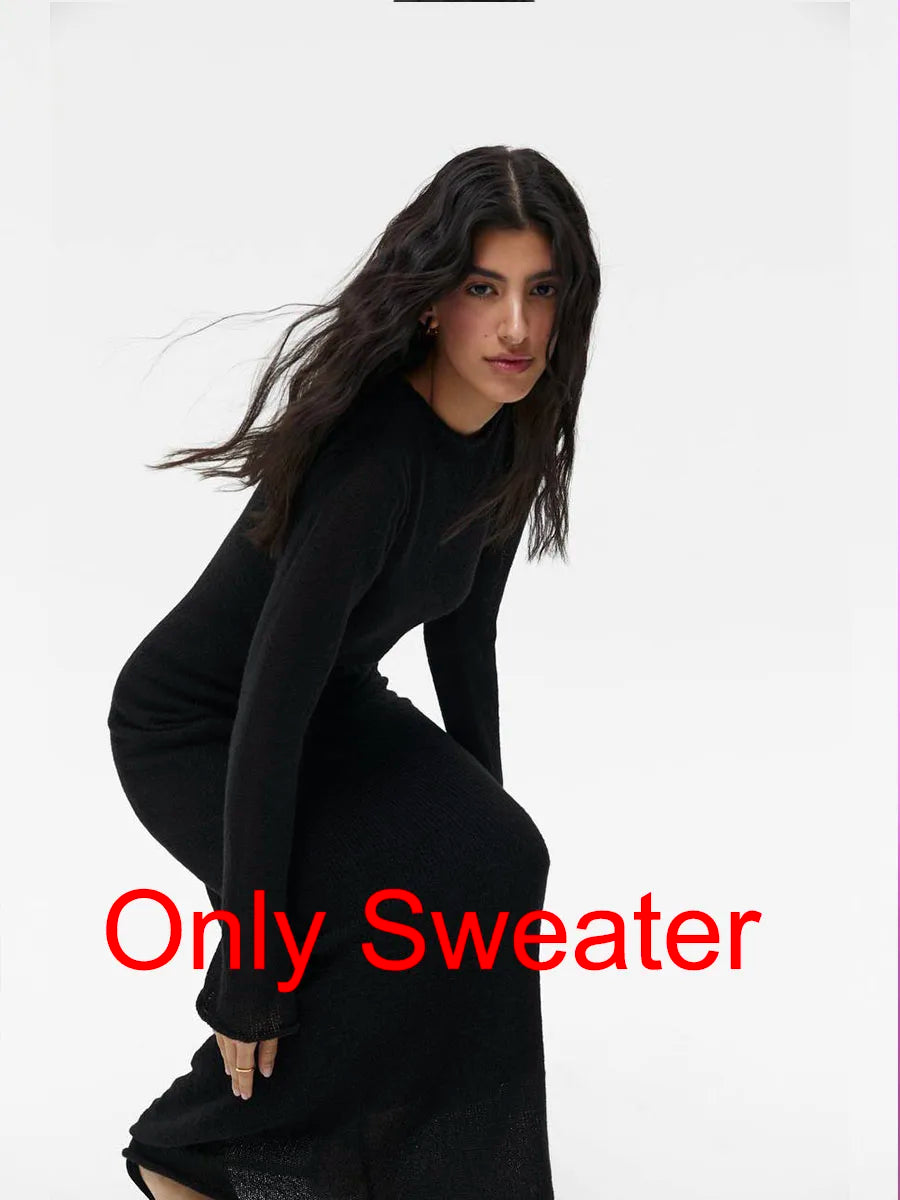 Hirsionsan Frühling Herbst Oansatz Elastische Stricken Lange Kleider Frauen 2024 Elegante Chic Weiche Dame Aushöhlung Pullover Kleider Femme Neue