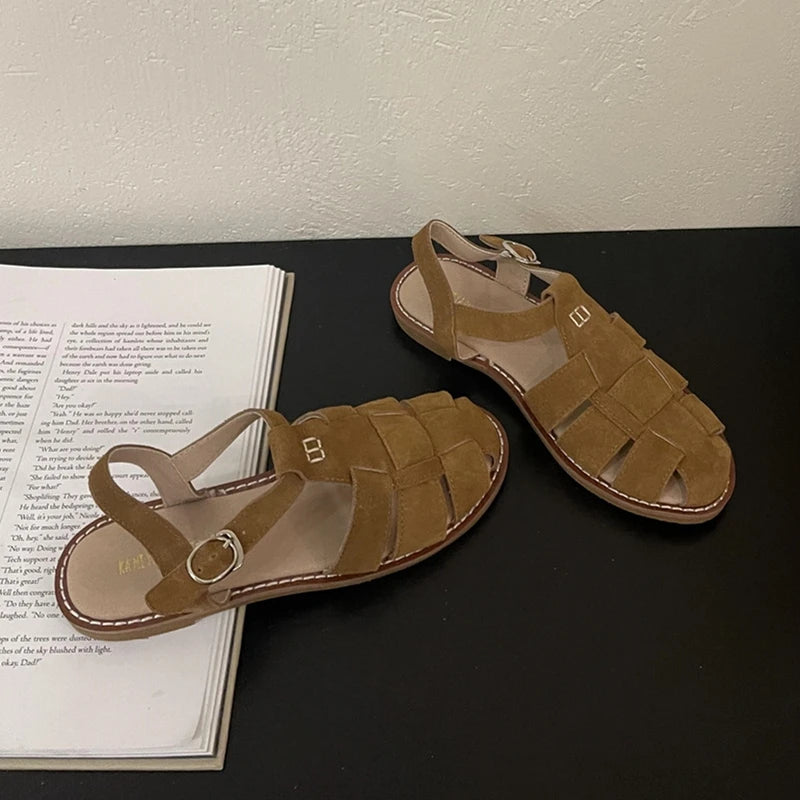 DIMANYU Women's Roman Sandals 2023 Summer New Flat Retro Real Leather Ladies Sandals Hollowed Women's Cage Shoes