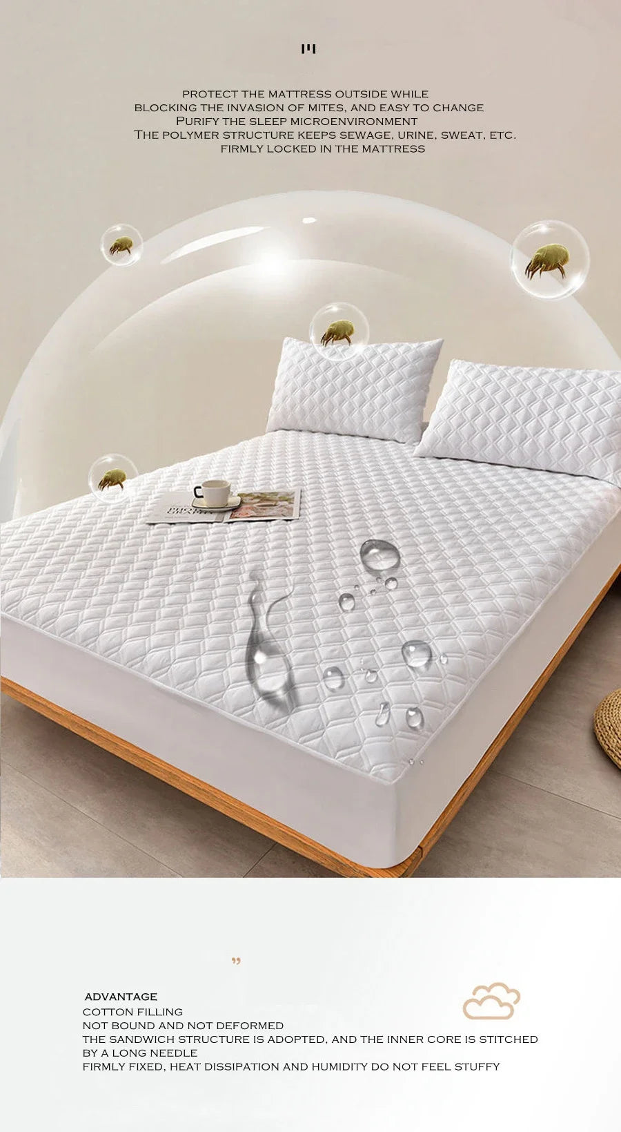 WASART Waterproof mattress protector cover quilted thicken elastic fitted sheet style couple double bed protection pad king size.