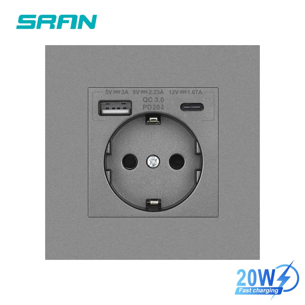 SRAN EU-Standard-Wandsteckdose mit USB und Typ-C 20 W Schnellladung, 5 V/2 A Doppelanschlüssen, 86 x 86 mm flammhemmendes Panel, CE-zertifiziert.