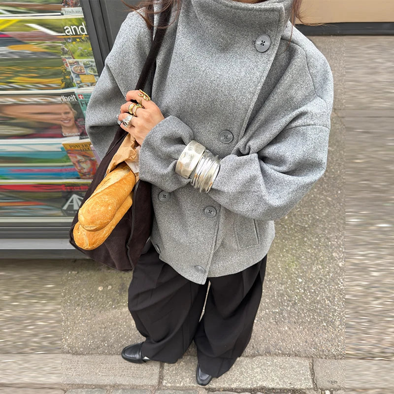 Straße Batwing Hülse Cape Gürtel Mäntel Frauen Lose Solide Stehkragen Einreiher Jacke 2025, Herbst Dame Alle-spiel chic Mantel