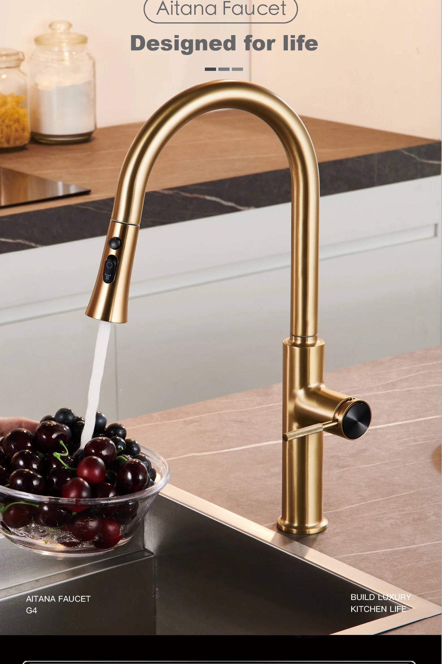 Luxury brushed gold kitchen faucet with pull-out design, 1-hole single handle cold and hot dual control dual function sink Tap