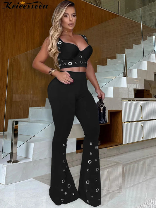 Kricesseen Gorgeous Metal Eyelet Wide Legs Pants Set 2 Piece Outfits Stylish Bustier Top And Holes Trousers Suits Set Clubwear.