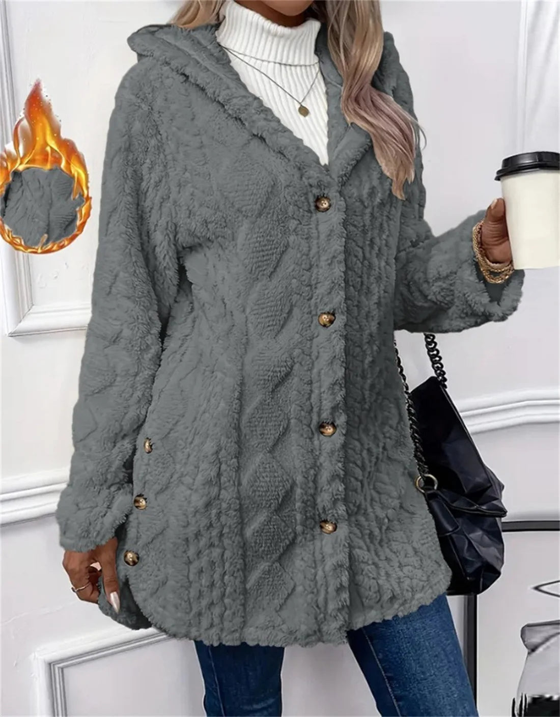 Women Cardigan Hoodie Jacket Autumn Winter Argyle Textured Pattern Hooded Irregular Hem Buttons Fleece Oversized Outerwear Coat.