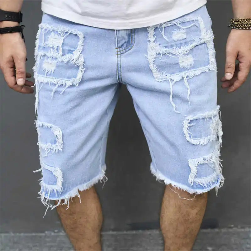 Denim Hole Knee Length Men Washed Jean Mid Waist Spliced Ripped Pockets Loose Fit Distressed Straight Pants 2024 Casual.