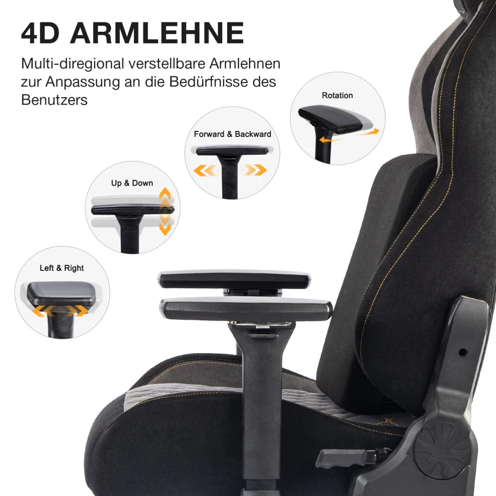 Gaming-Stuhl, Tragkraft 200 kg, verstellbare Armlehnen, 4D-Gaming-Stuhl mit Lordosenstütze, Chefsessel, ergonomischer Bürostuhl