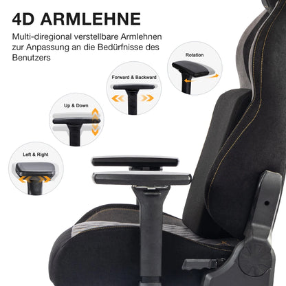 Gaming-Stuhl, Tragkraft 200 kg, verstellbare Armlehnen, 4D-Gaming-Stuhl mit Lordosenstütze, Chefsessel, ergonomischer Bürostuhl