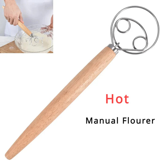 Cake Tools Danish Dough Whisk Stainless Steel Dutch Bread Dough Hand Mixer Wooden Handle Kitchen Baking Tools Artisian Blender.