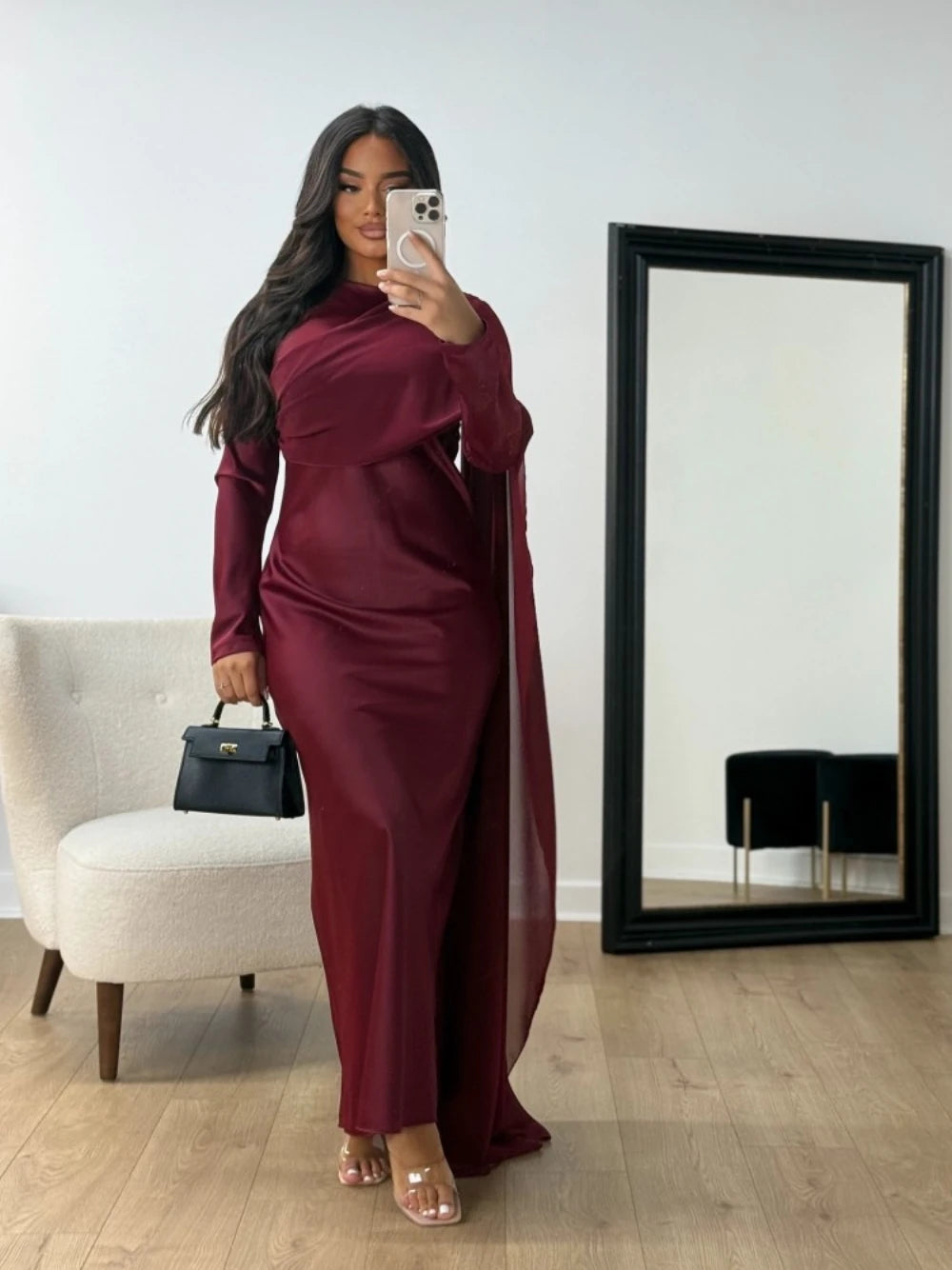 Burgundy Abaya Women Satin Modest Evening Dress Simple Hot Sale Cocktail Gown With Side Cape Elegant Arabic Long Sleeves Robe.