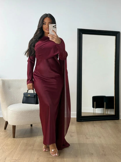 Burgundy Abaya Women Satin Modest Evening Dress Simple Hot Sale Cocktail Gown With Side Cape Elegant Arabic Long Sleeves Robe.
