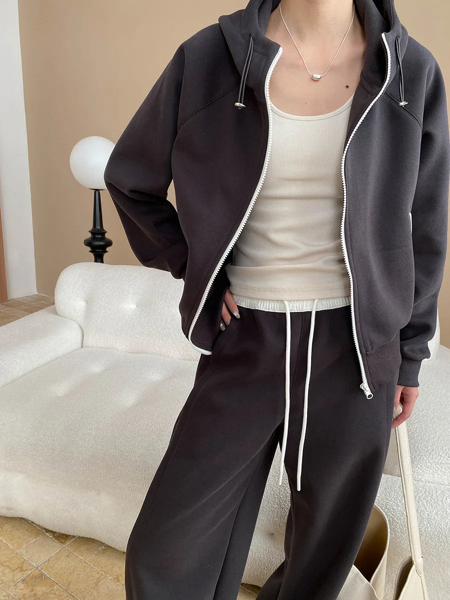 Spring and Autumn Women's Casual Solid Color Loose Hooded Sweatshirt+High Waist Loose Pants Set.