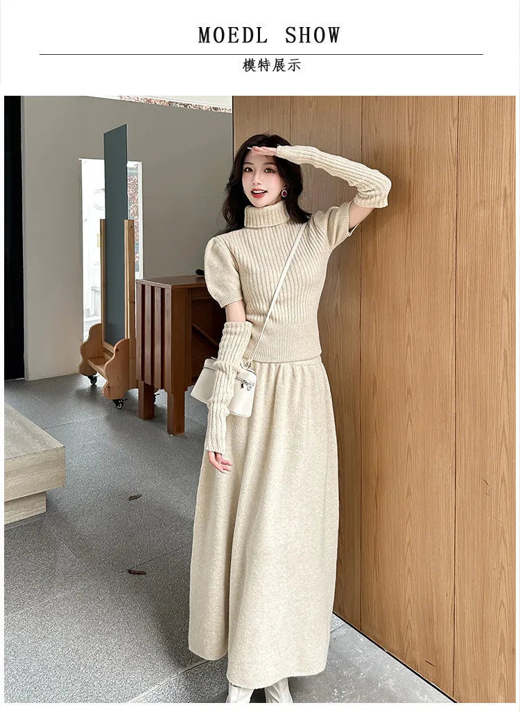 VigoAnne Spring Autumn 2025 Turtleneck Knit Woman 2 Piece Set Casual Solid High Waist Skirts Suits Korean Lady Long Dress Suit.