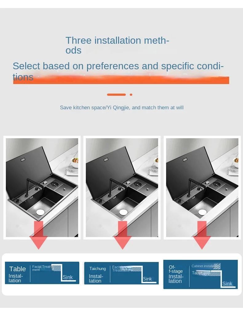 Multifunctional Nano Stainless Steel Kitchen Sink with Cover Plate, Thickened Single Basin Island Table Sink 88*51*22CM