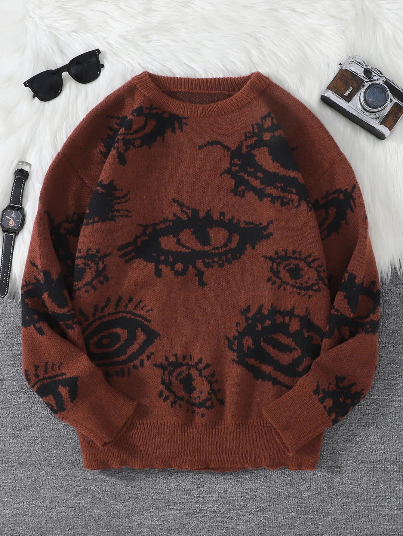 New Popular Autumn and Winter Abstract Eye Jacquard Pattern Pullover Sweater Casual Round Neck Knitted Men's Pullover.