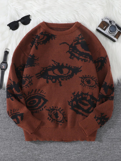 New Popular Autumn and Winter Abstract Eye Jacquard Pattern Pullover Sweater Casual Round Neck Knitted Men's Pullover.