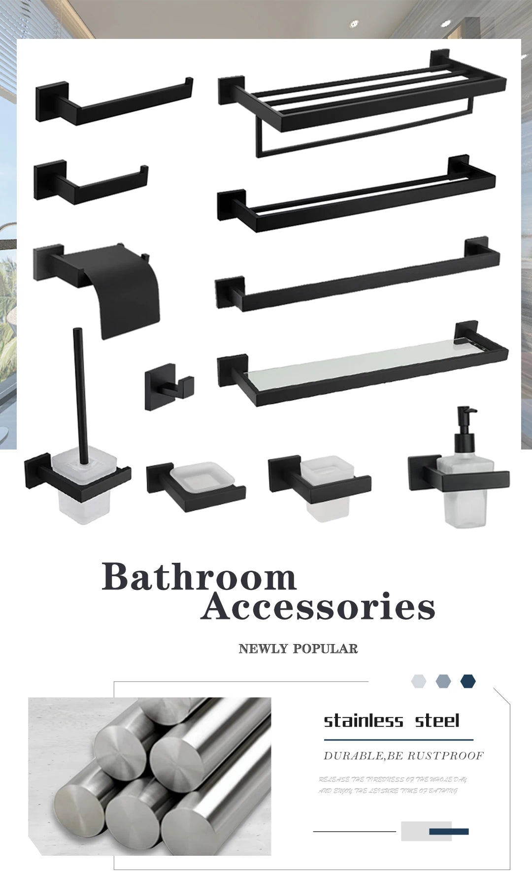 Schwarz Bad zubehör Edelstahl Set Wandre gal Handtuch halter Handtuch halter Taschentuch halter Kleider haken Toiletten bürste Anhänger