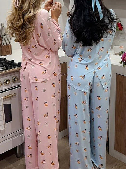 Maemukilabe Women Y2K Floral Pajama Set Long Sleeve Shirt and Pants Set Vintage 2 Piece Lounge Set Cute Bow Pjs Sleepwear.