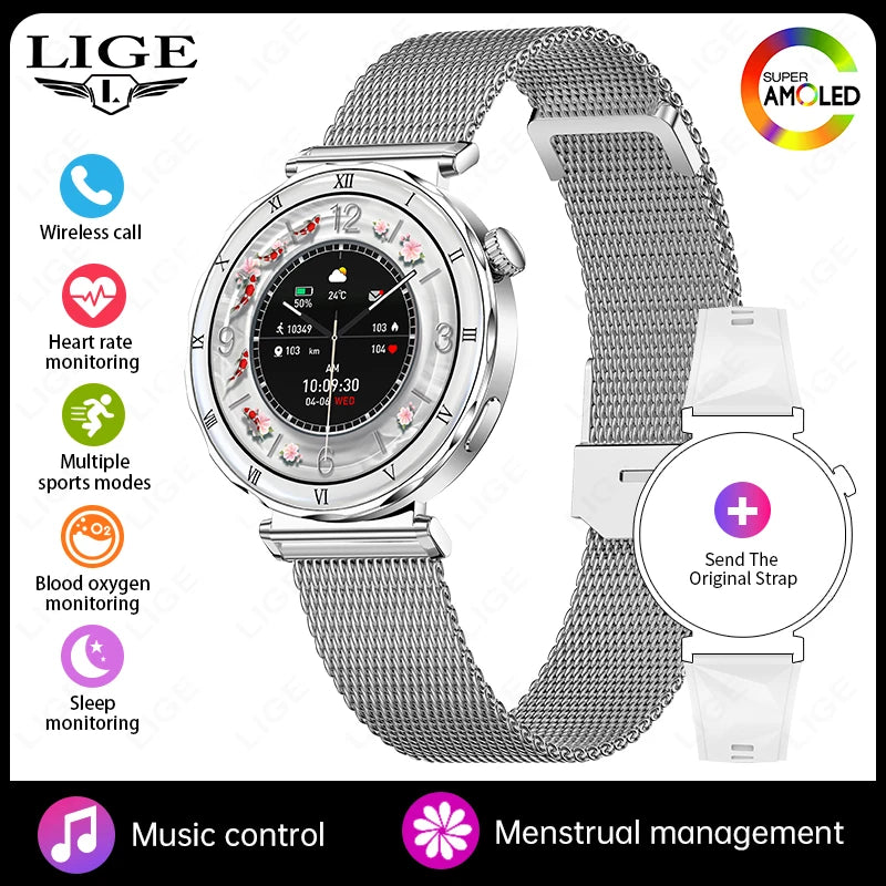 LIGE Luxury 1.19” AMOLED Screen Smart Watch Women Health Monitor Women's Wristwatch Bluetooth Call Waterproof Ladies Smartwatch