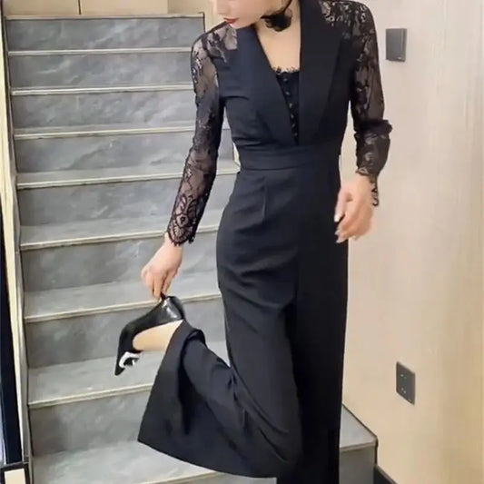 BESTBAFU Sexy Lace Patchwork Sheer Jumpsuit Women  Spring Elegant Office Formal Outfit Black High Waist Wide Leg Romper 126P.