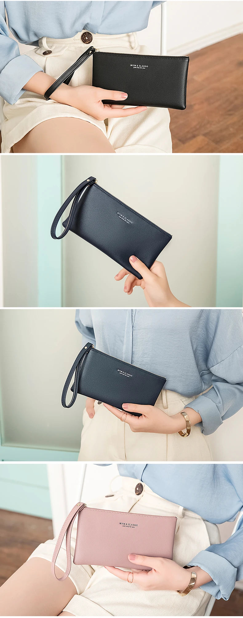 Simple Solid Color Thin Long Wallet PU Leather Large Capacity Zipper Wallet Classic Fashion Womens Handbag Can Hold Mobile Phone.