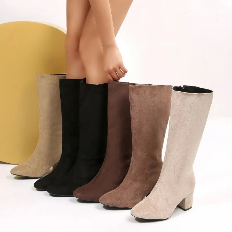 Women Boots Autumn Winter Elastic Slimming Knee-High Boots Fashion Pointed Toe Thick Heel Shoes Woman Side Zipper Casual Botas.