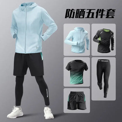 5pcs Men's Lightweight Summer Ice Silk Athletic Set Quick-Dry Running Clothes Outdoor Kit Cycling Fitness Men's Sportswear Set