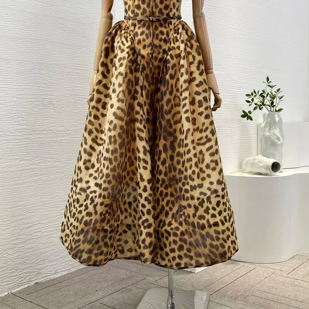 Klassisches Leopardenmuster, neues, hochwertiges 2025, Leinen-Seide, ärmellose Falten, Diamanten, Damen-Vintage-Spaghetti-Midikleid.