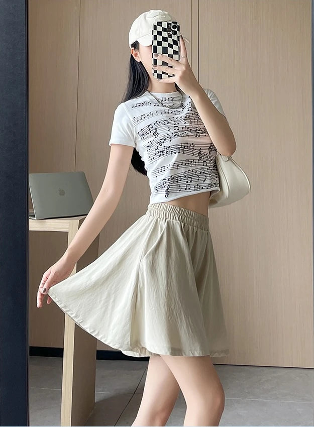 Women Quick Dry Sporty Short Pants Summer Thin Pleated Shorts Skirts High Waist A- Line Five Quarter Pants Cool Wide Leg Pants.