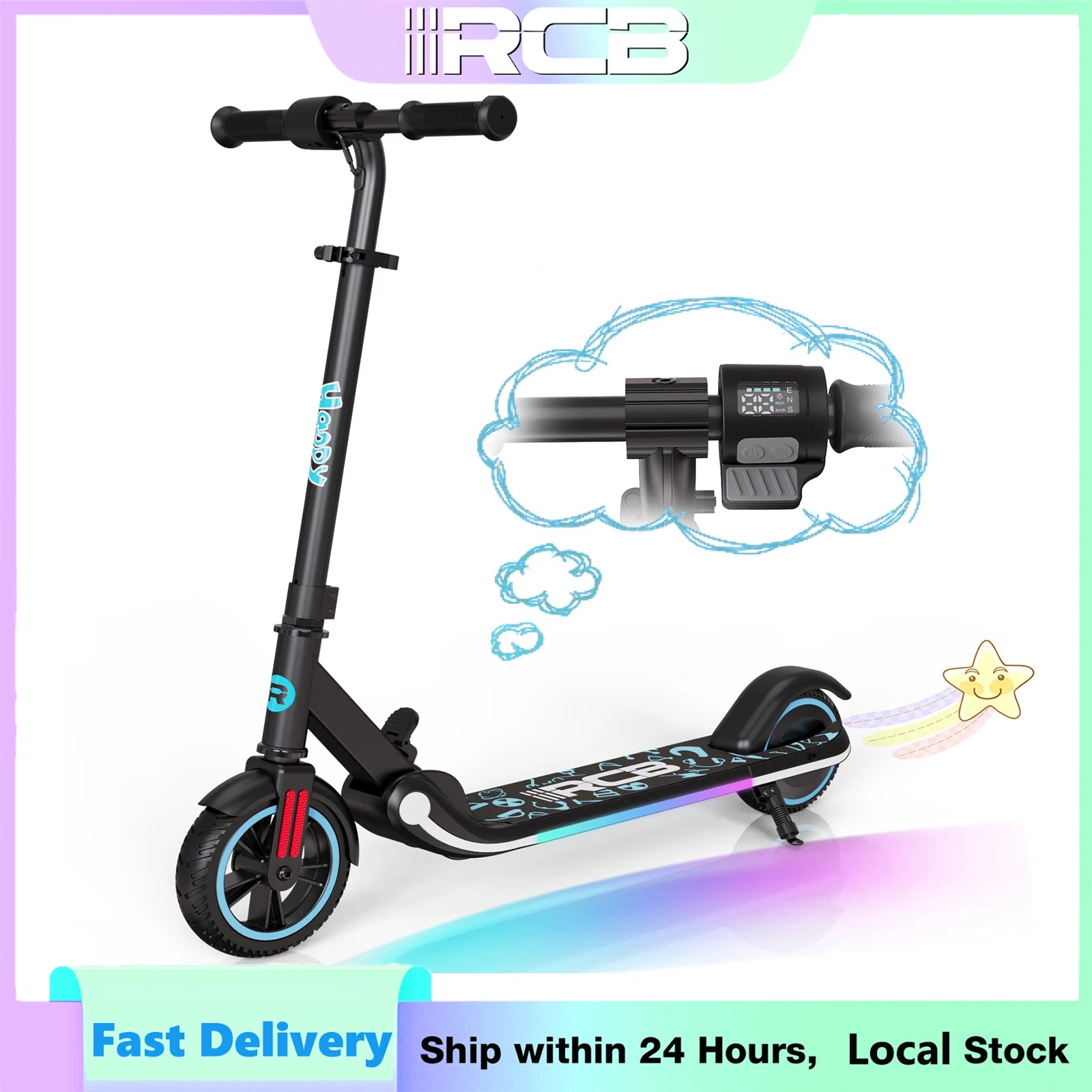 RCB Kids e-Scooter for Children 6-12 Years, 150 W Motor - Max 16 km/h - Rainbow Light-folk Electric Scooter Children.