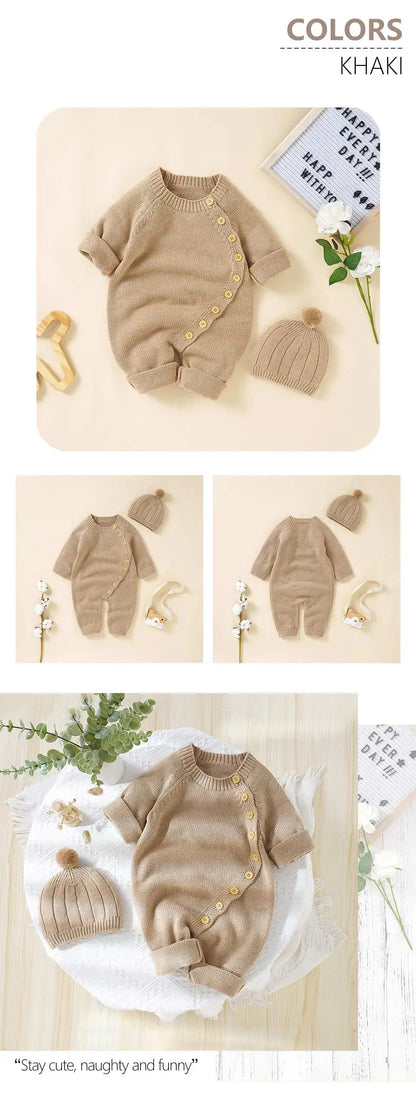 Baby Rompers Knitted Autumn Long Sleeve Newborn Boys Girls Jumpsuits Hats Outfits Sets Winter Solid Infant Netural Overall 0-18m