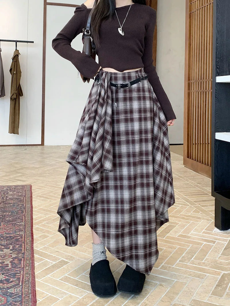 MEXZT Vintage Plaid Woolen Midi Skirt Women Y2K Harajuku Belt Asymmetrical Skirts Winter Gyaru Grunge Korean Design Faldas New.