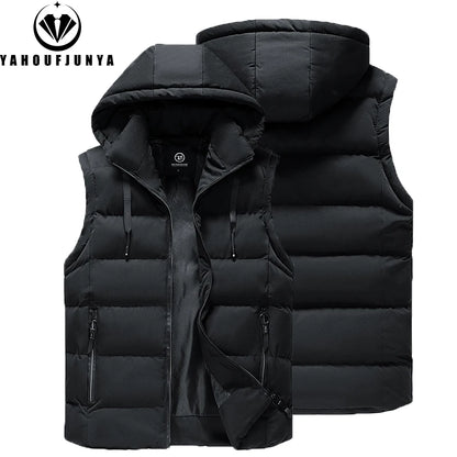 Men Autumn Sleeveless Outdoors Casual Solid Warm Vest Men Winter Detachable Hooded Fleece Pocket Zipper Fashion Vest Male Coat.