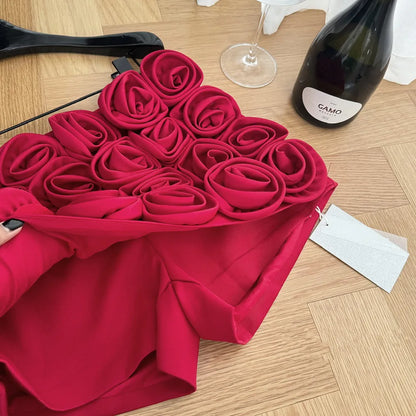 Three-dimensional decoration floral shorts y2k High street Red High waist mini skirt shorts Design Sexy  Women Clothing ﻿.