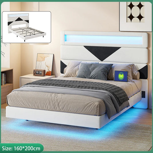 Anajqaqia Doppelbettgestell, 160 x 200 cm, verstellbares Kopfteil in Beige und Schwarz mit Lichtleiste und USB-Doppelladeanschluss