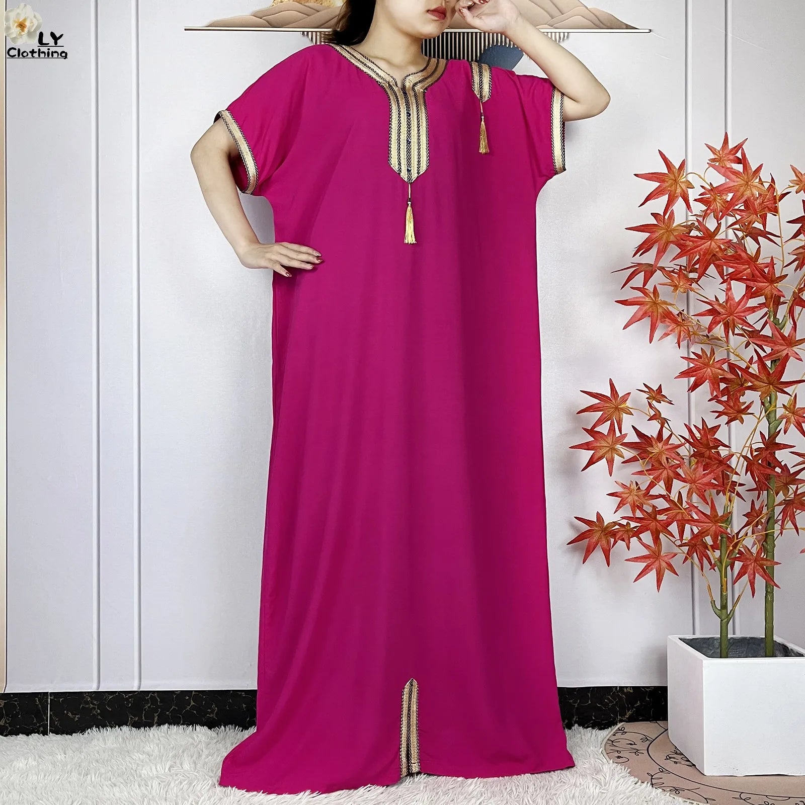 New Muslim Abayas Summer Short Sleeve African Dashiki Tassels Cotton Loose Caftan Lady Maxi Islam Casual Dresses With Headscarf.