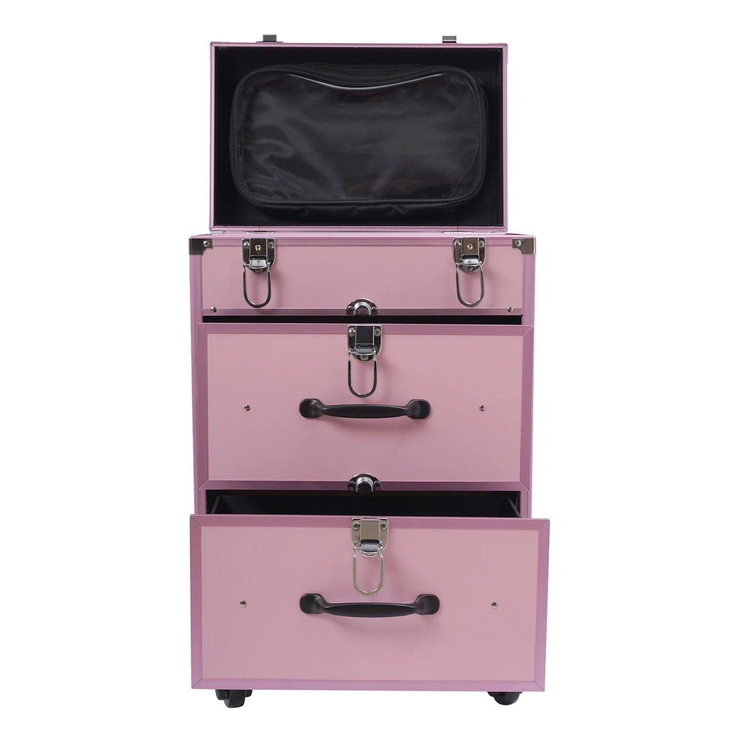 3 in 1 Rolling Makeup Case with Drawer, Large Makeup Case Organizers, Profesional Cosmetic Case for Salon Barber, Light Pink