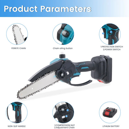 Podofo 6inch Electric Chain Saw Cordless Chainsaw Portable Tree Branch Logging Cutter Woodworking Garden Tool with 2 Batteries