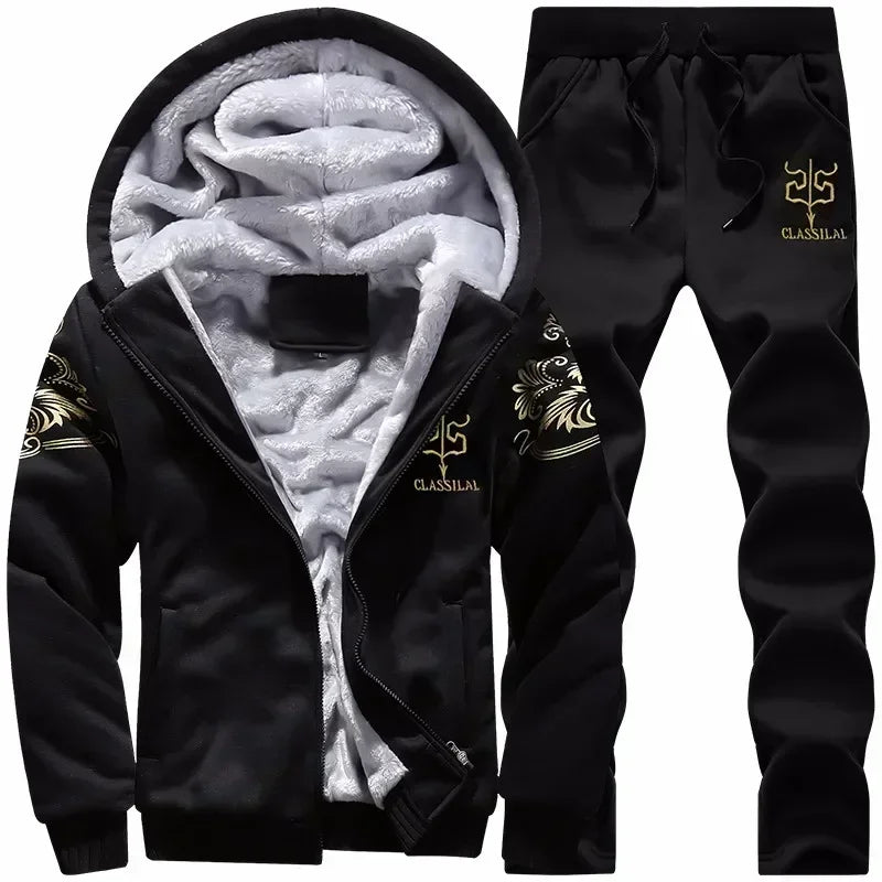 2024 New Winter Thick Men Sports Suit Tracksuit Hooded Sportswear Zipper Cardigan Hooded Woolen Trousers Pants Casual Men Set.