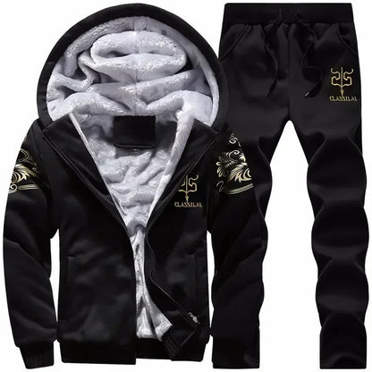 2024 New Winter Thick Men Sports Suit Tracksuit Hooded Sportswear Zipper Cardigan Hooded Woolen Trousers Pants Casual Men Set.