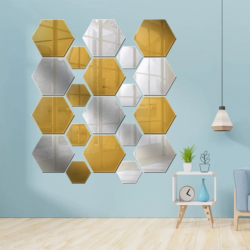 12PCS/Lot Removable Geometric Mirror Wall Stickers - Solid Hexagonal Shape, DIY with Built-in Adhesive for Home Decoration.