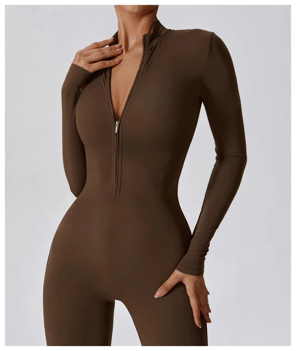 Womens Jumpsuits Long Sleeve Yoga Slim Fit Stretch One Piece Romper Sexy Fitness Female Basic Sportwears Tight Zipper Ladies.