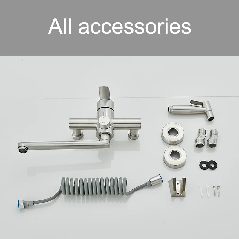 Kitchen Faucets Stainless Steel Wall Mounted Dual Hole Bathroom 360 Rotate Basin Faucet Cold Hot Water Mixer Taps With spray gun