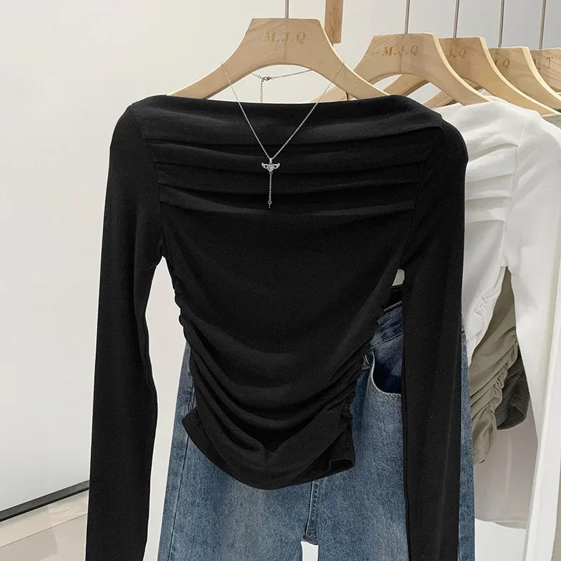 Spicy Girl Style One-Collar Ruffles Cropped Long Sleeve T-Shirt Women's Autumn/Winter New Arrival Base Layer Sweatshirt.