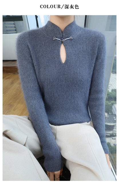 2024 autumn winter new 100% mink cashmere sweater women's pullover slim-fit long sleeve solid color stand collar bottom knitwear