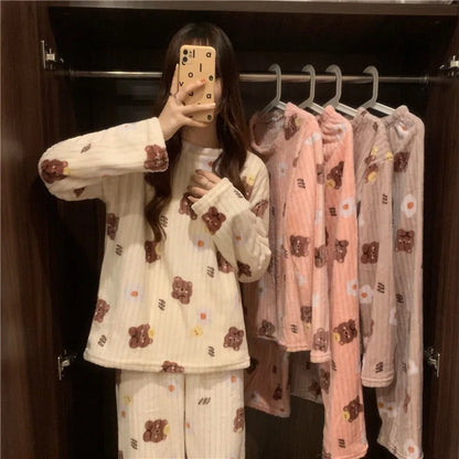 Winter-Damen-Pyjama-Homewear-Anzug, neues warmes Set aus Korallen-Fleece für Herbst und Winter, bequemer warmer Pyjama-Homewear-Anzug