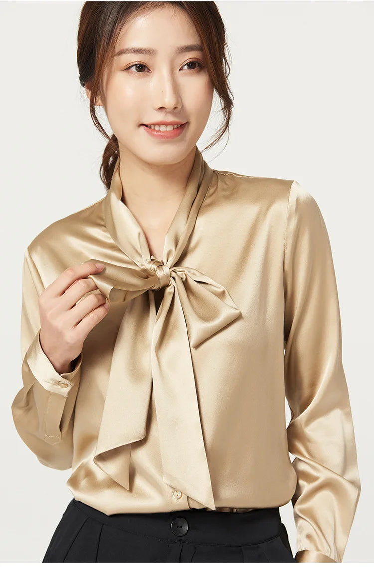 Heavyweight Mulberry Silk Shirt Women's 2025 Spring And Autumn New Long Sleeve Satin Silk Blouse V-neck Bow Ribbon Shirt