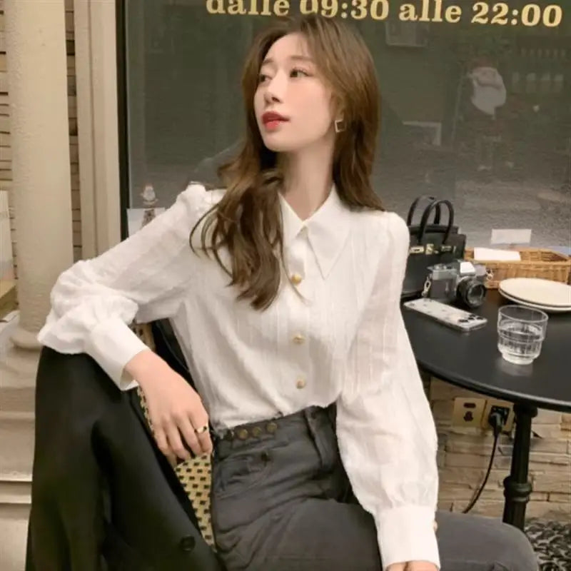 Women Clothing Spring Autumn Simplicity Office Lady Button White Polo Collar Women Shirts All-match Elegant Long Sleeve Cardigan.