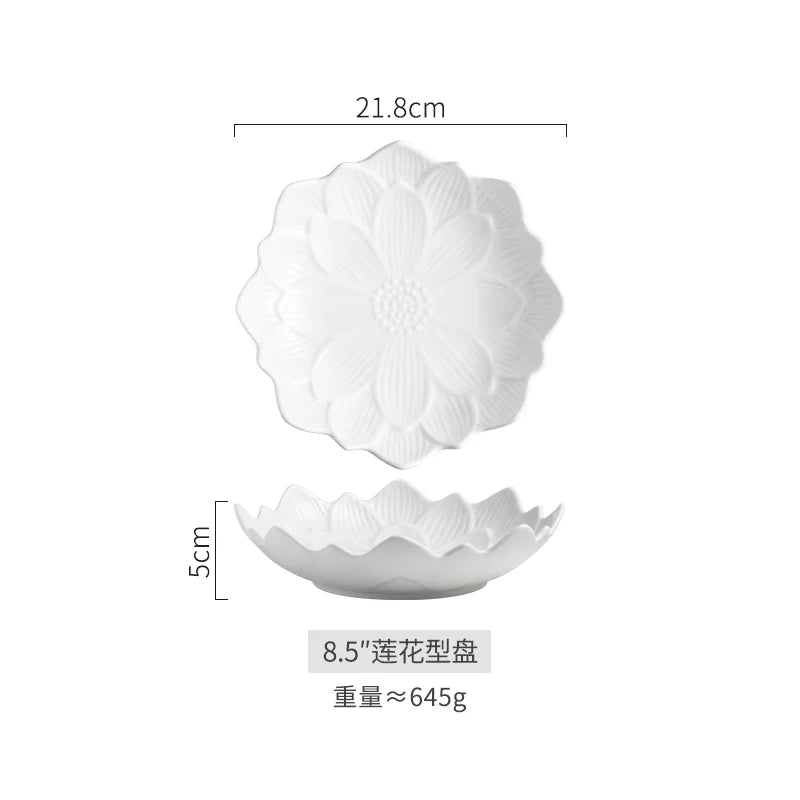 Chinese Lotus-like Ceramic Western Food Dish Household White Fruit Salad Bowl Dessert Plate Creative Restaurant Specialtableware.