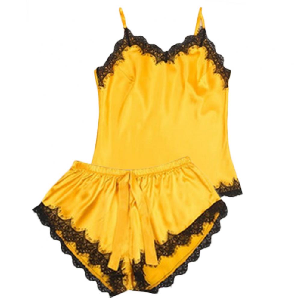 2Pcs Frauen Silk Pyjamas Einfarbig Strappy Schlafanzug V-ausschnitt Weste Shorts Spitze Nachtwäsche Pyjamas Sexy Kostüm Weibliche Set S-xxl.