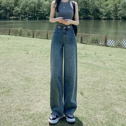 High Waist Straight Leg Jeans Women's Summer New 2025 Small Size Wide Leg Loose Drapey Slimming Floor-Length Pants.